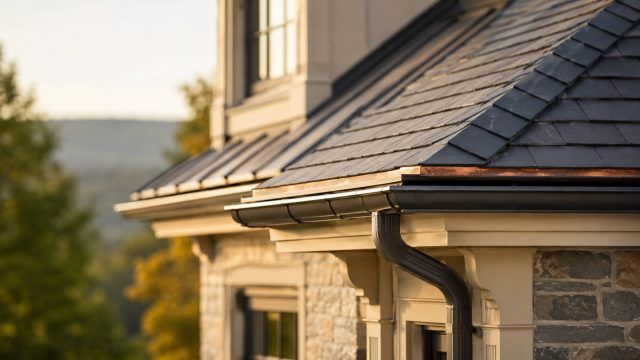 Close-up of an upscale home’s roof corner with dark shingles, clean flashing, gutters, and warm natural light.