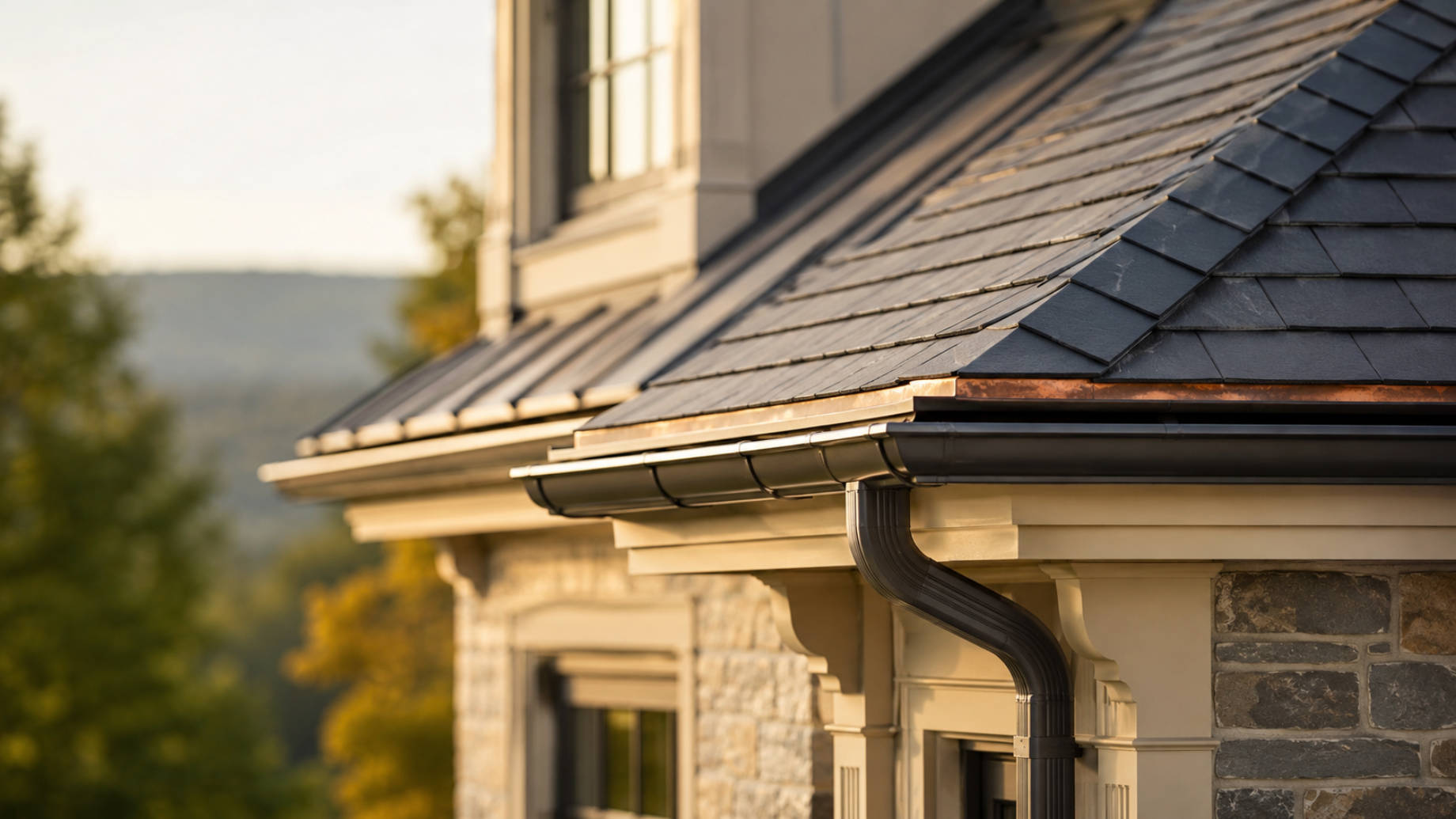 Close-up of an upscale home’s roof corner with dark shingles, clean flashing, gutters, and warm natural light.
