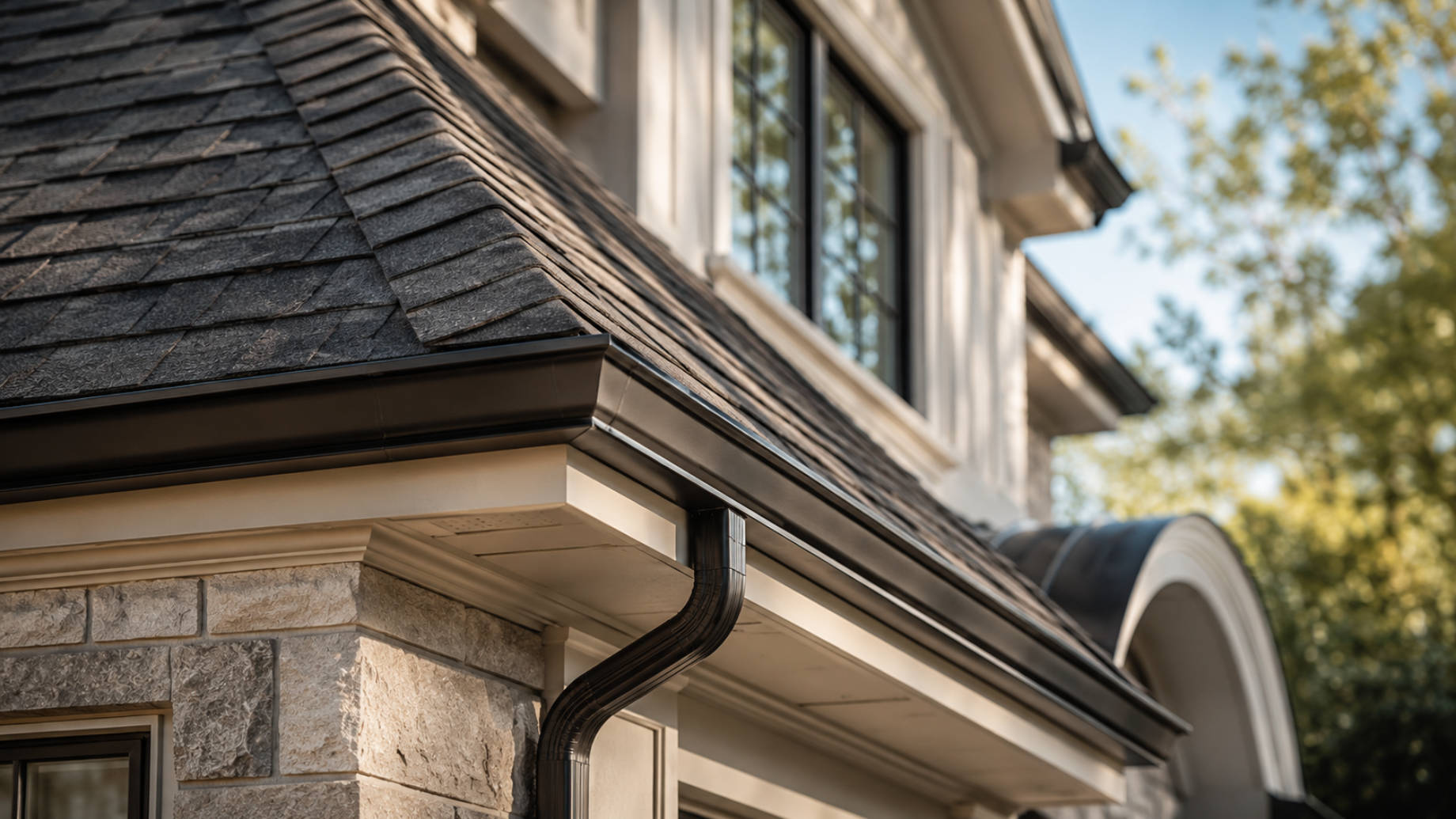 Upscale home roof corner with dark architectural shingles, clean gutters, stone cladding, and refined exterior trim.