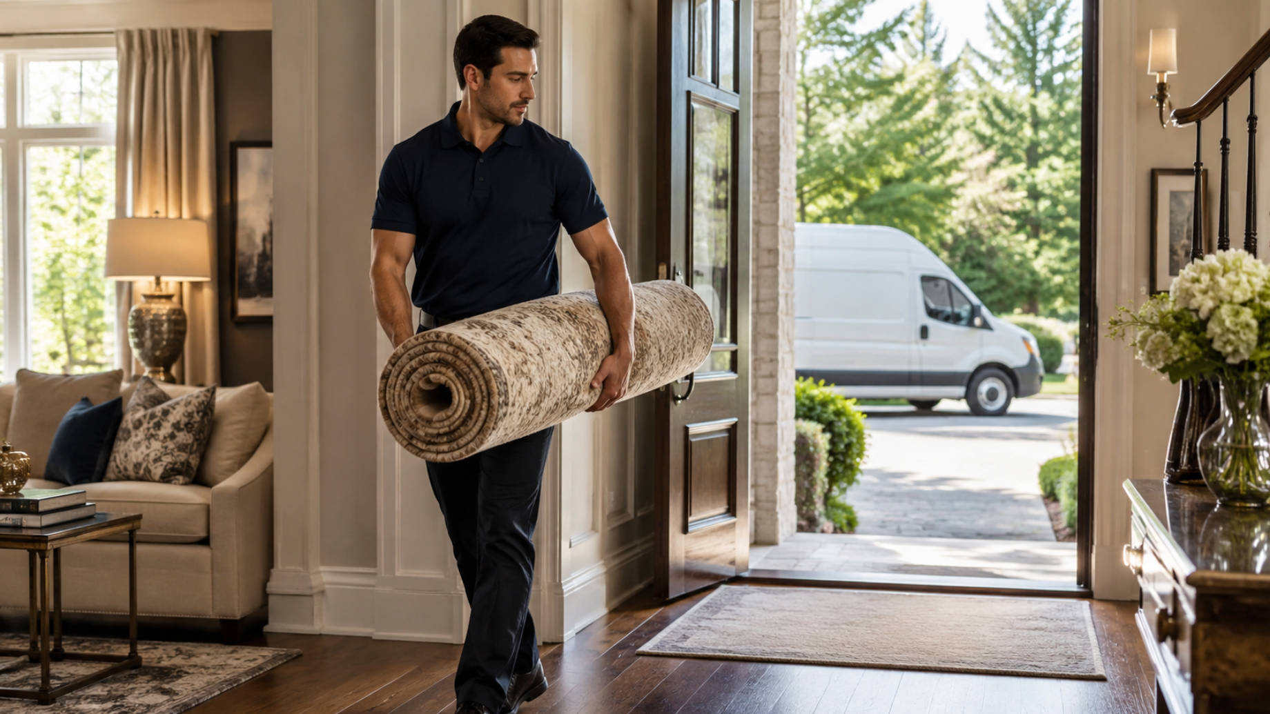 Professional service worker carrying a rolled area rug through the front entrance of an elegant home, with a delivery van parked outside.