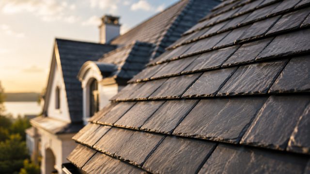 Close-up of dark slate roof tiles on a luxury home, with warm golden light and softly blurred architecture behind.