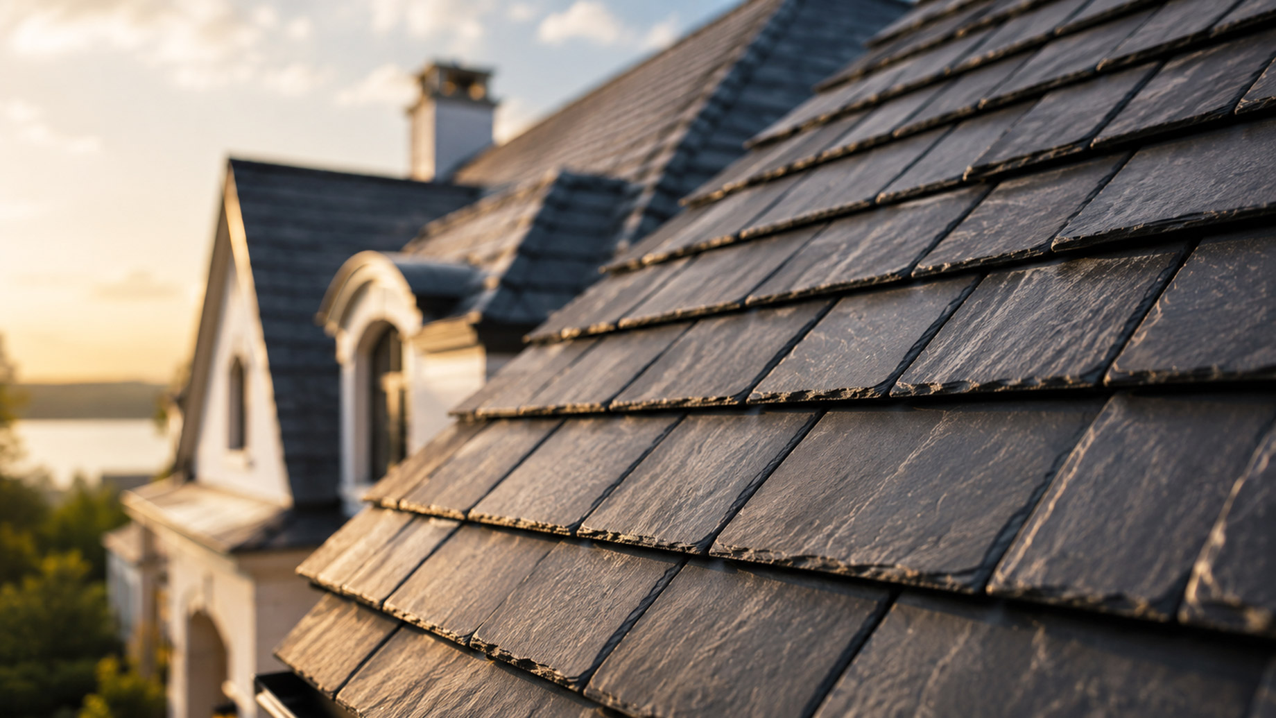 Close-up of dark slate roof tiles on a luxury home, with warm golden light and softly blurred architecture behind.
