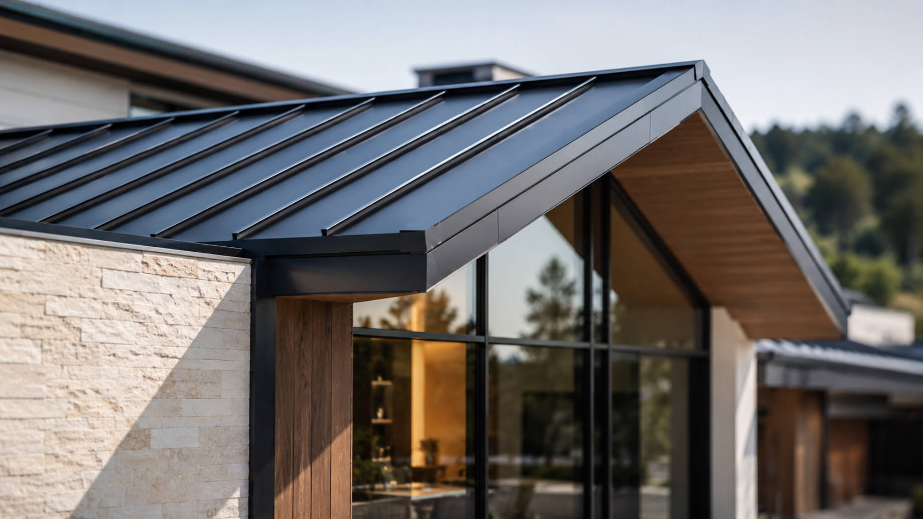 Close-up of a dark standing-seam metal roof above stone, glass, and warm wood architectural details.