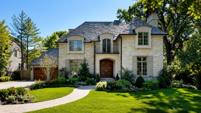 Elegant two-storey stone residence with a slate roof, dormer windows, mature landscaping, and a curved front walkway.