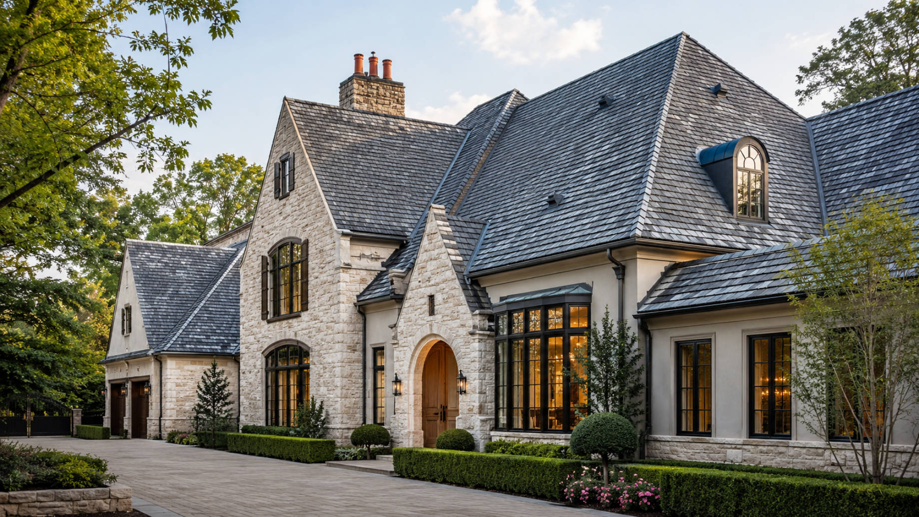 Elegant stone luxury home with a steeply pitched slate roof, dormer windows, detailed rooflines, and manicured landscaping.