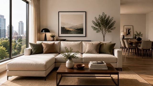 Bright luxury living room with a cream sectional sofa, wooden coffee table, indoor greenery, and expansive city views.