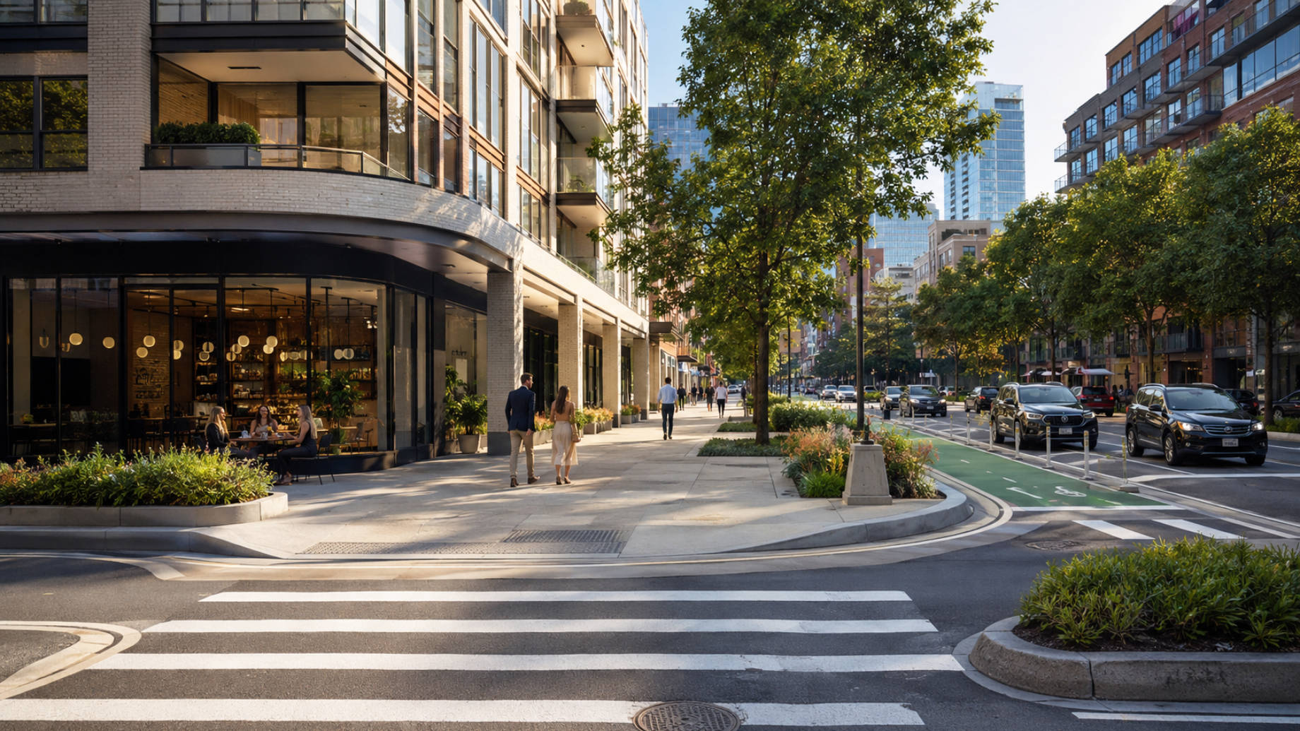 Tree-lined New York City street with luxury residences, wide sidewalks, protected cycling lanes, crosswalks, and active storefronts.