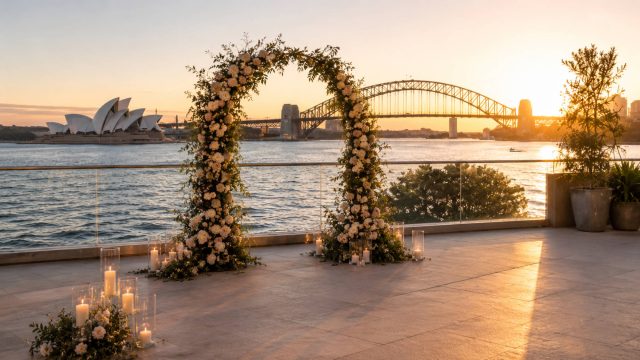 Elegant floral wedding arch with candles on a waterfront terrace overlooking Sydney Harbour, the Opera House, and Harbour Bridge at sunset.