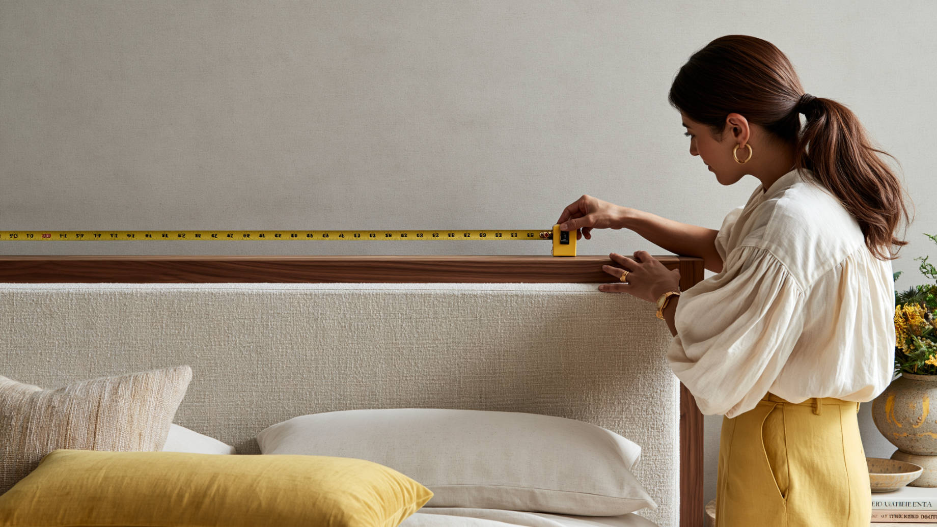 Designer measuring the width of a wood and upholstered bed frame to assess scale, headboard height, and wall proportion in a primary bedroom.