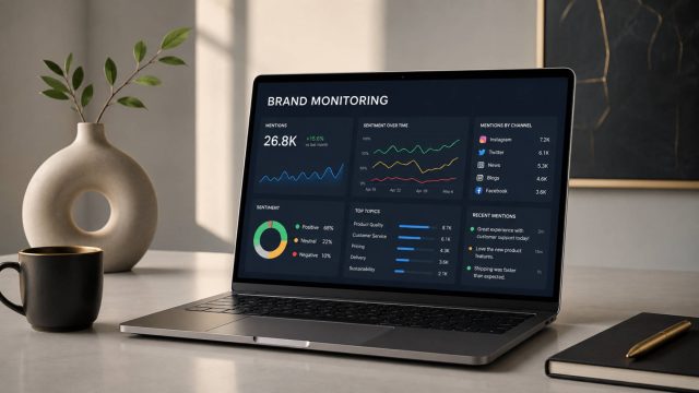 Sleek laptop displaying a brand monitoring dashboard on a clean desk with a ceramic vase, black mug, notebook, and brass pen.