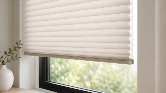 Light beige honeycomb shades over a modern black-framed window with a simple ceramic vase and greenery on a pale wood surface.