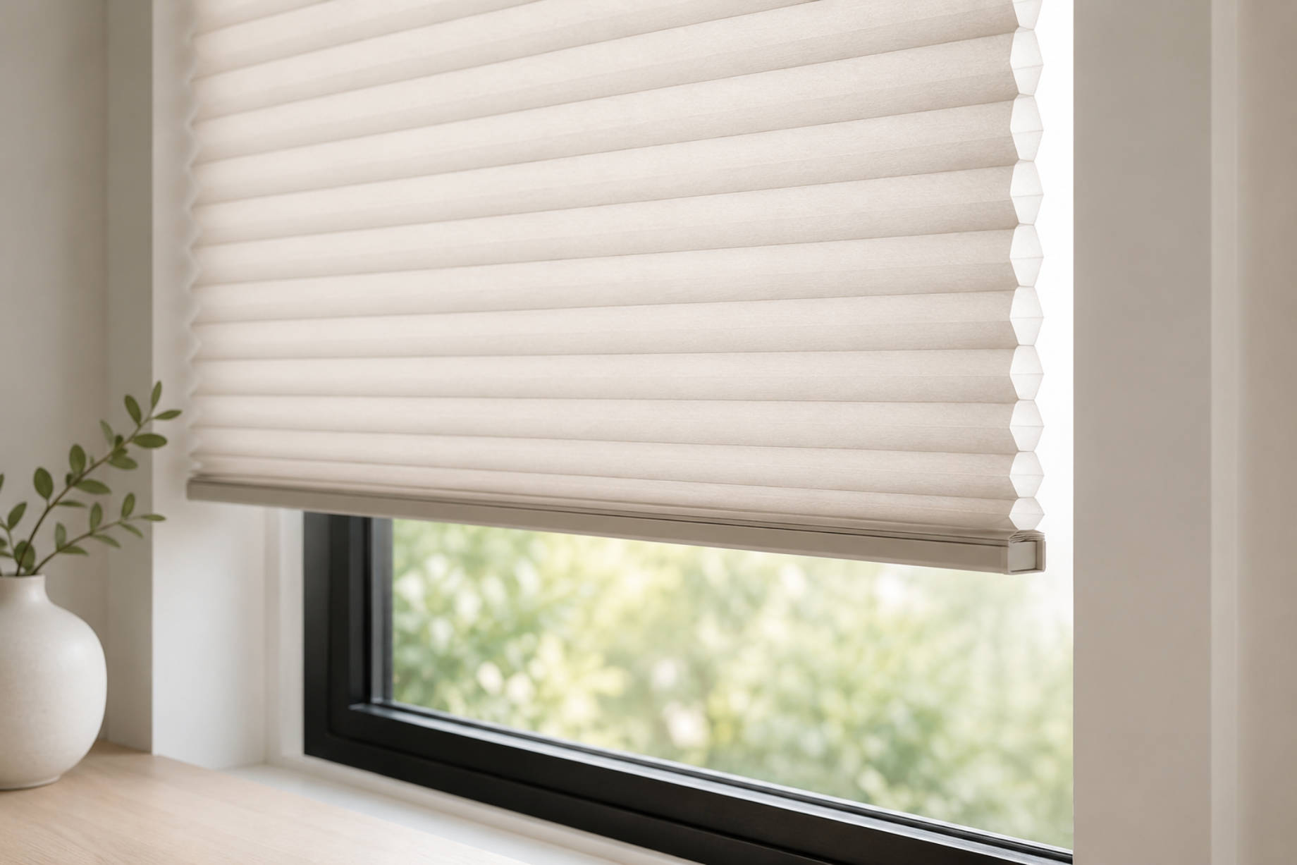 Light beige honeycomb shades over a modern black-framed window with a simple ceramic vase and greenery on a pale wood surface.