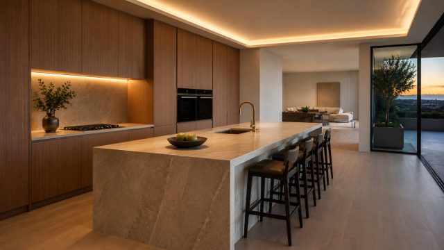 Refined luxury kitchen with full-height wood cabinetry, a substantial stone island, integrated appliances, and an open terrace at sunset.