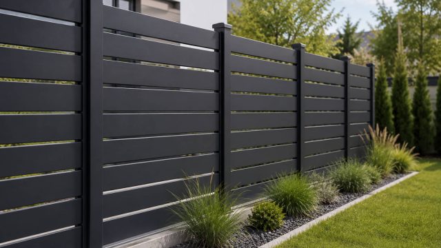 Dark horizontal aluminum privacy fence with clean posts, narrow slat spacing, ornamental grasses, shrubs, and a modern home in the background.