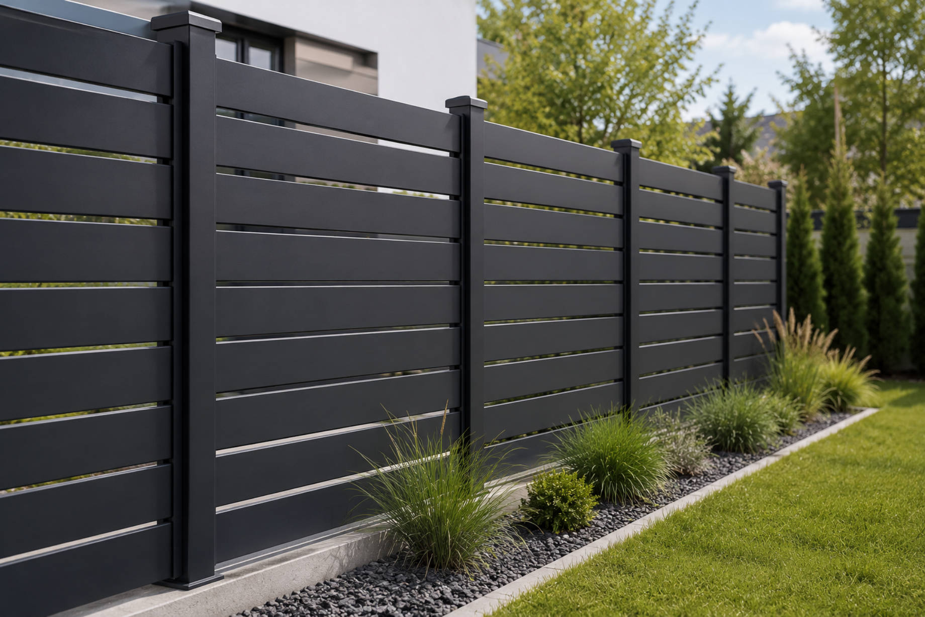 Dark horizontal aluminum privacy fence with clean posts, narrow slat spacing, ornamental grasses, shrubs, and a modern home in the background.