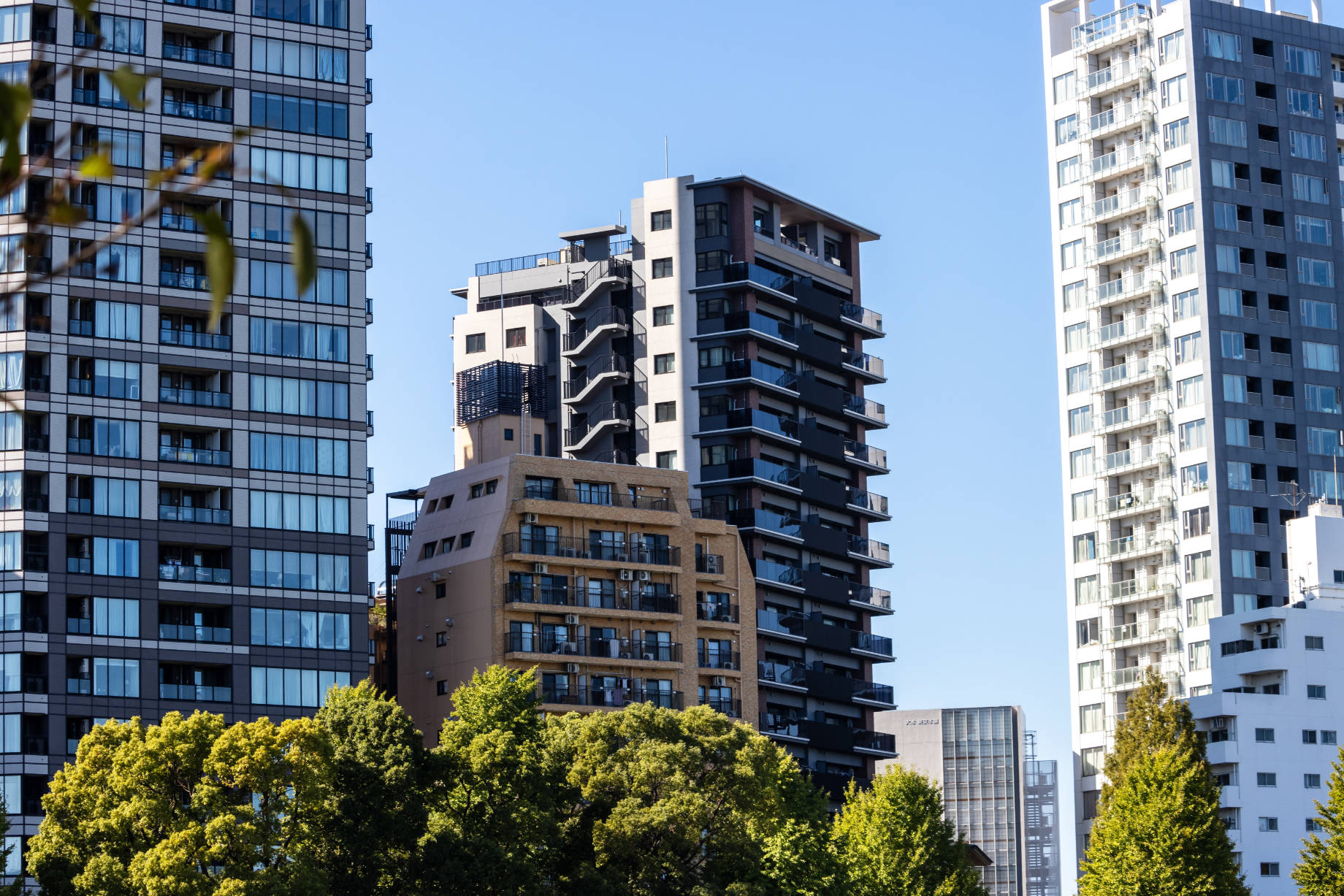 Contemporary apartment towers rise above green trees in a central Tokyo residential district under a clear blue sky.