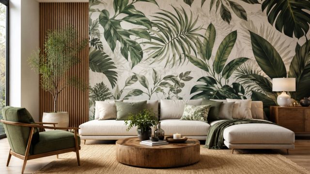 Contemporary living room featuring oversized botanical wallpaper, natural wood furniture, green upholstery, and layered neutral decor.