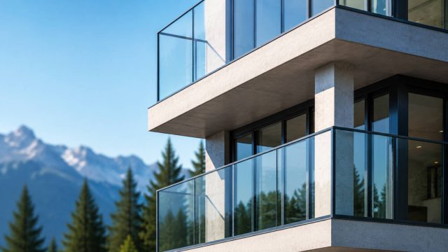 Close-up of a finished modern condo complex with glass balconies, concrete architecture, blue sky, evergreen trees, and mountains in the background.
