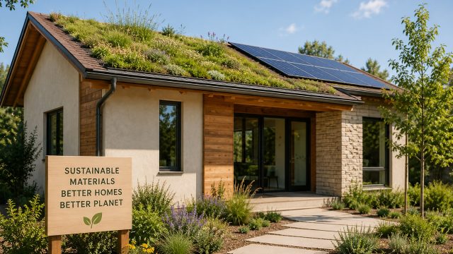 Sustainable modern home with a planted green roof, solar panels, natural wood siding, stone accents, large windows, native landscaping, and a garden path.