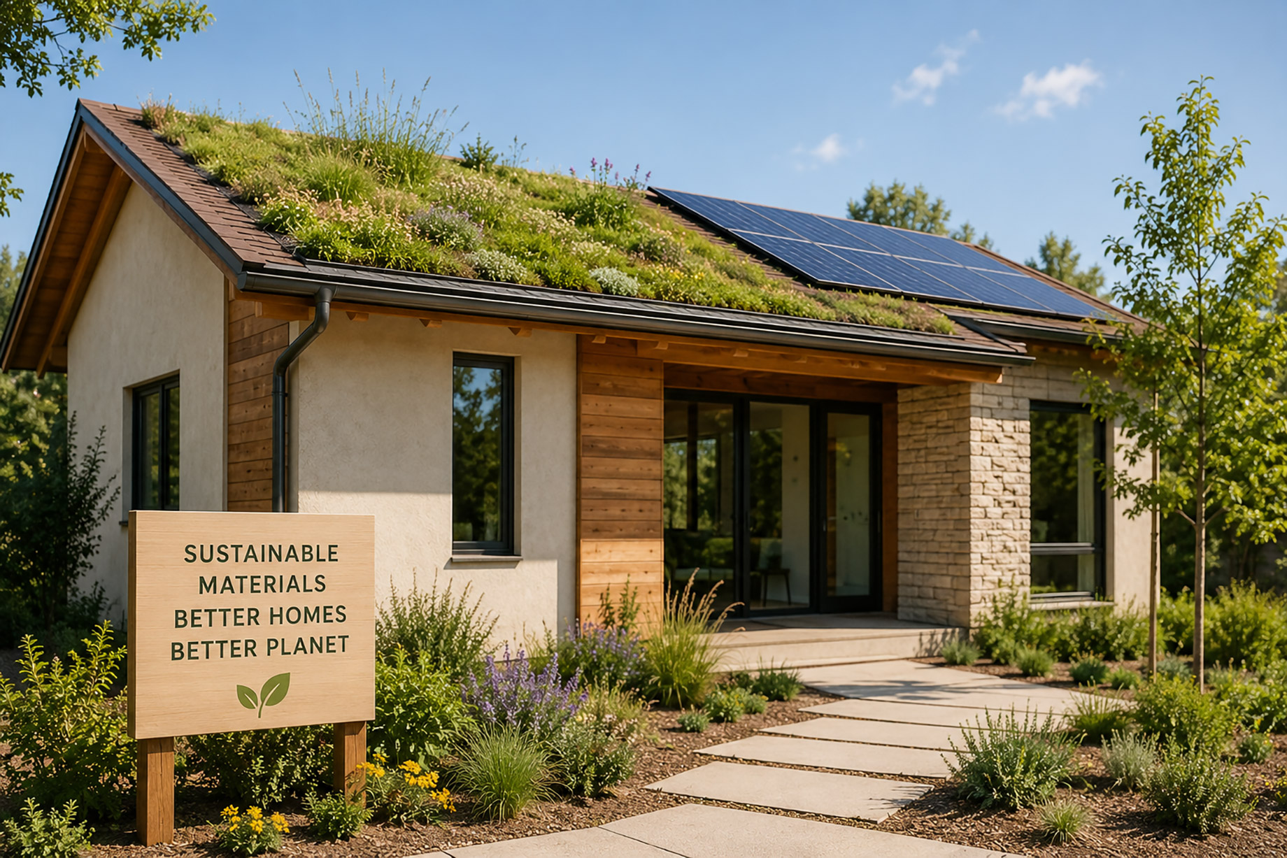 Sustainable modern home with a planted green roof, solar panels, natural wood siding, stone accents, large windows, native landscaping, and a garden path.