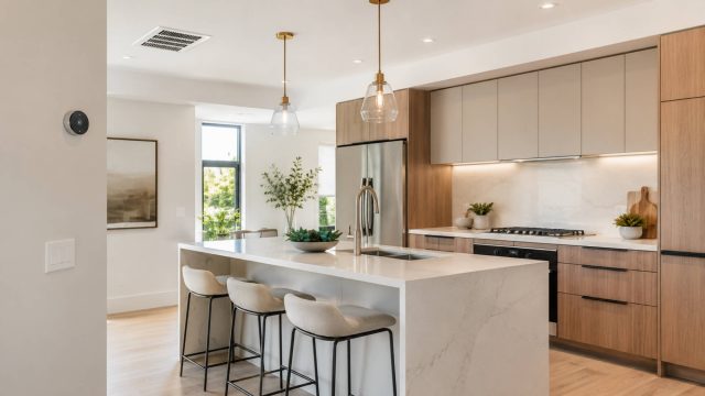 Modern contemporary kitchen with wood cabinetry, white stone island, pendant lighting, bar stools, stainless steel appliances, and a wall thermostat.