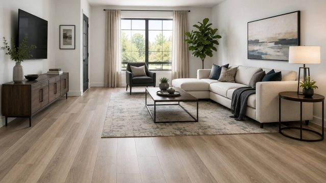 Bright contemporary living room with light wood-look resilient flooring, neutral furnishings, large windows, and simple modern décor.