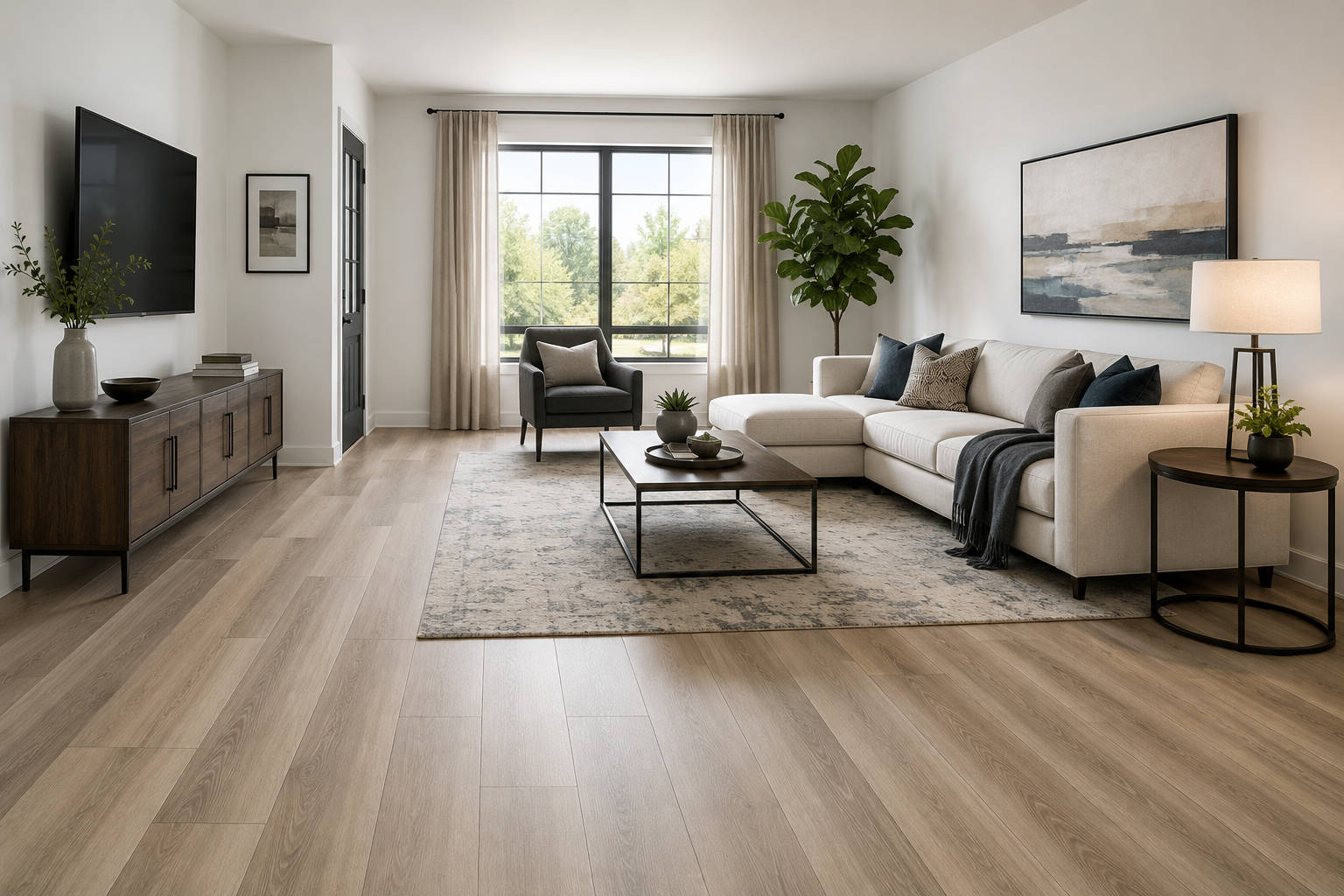 Bright contemporary living room with light wood-look resilient flooring, neutral furnishings, large windows, and simple modern dรฉcor.