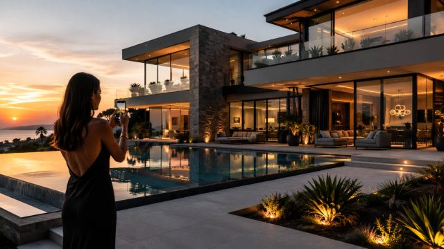 Stylish woman filming a modern contemporary luxury home with glass walls, an infinity pool, landscaped terrace, and sunset views.