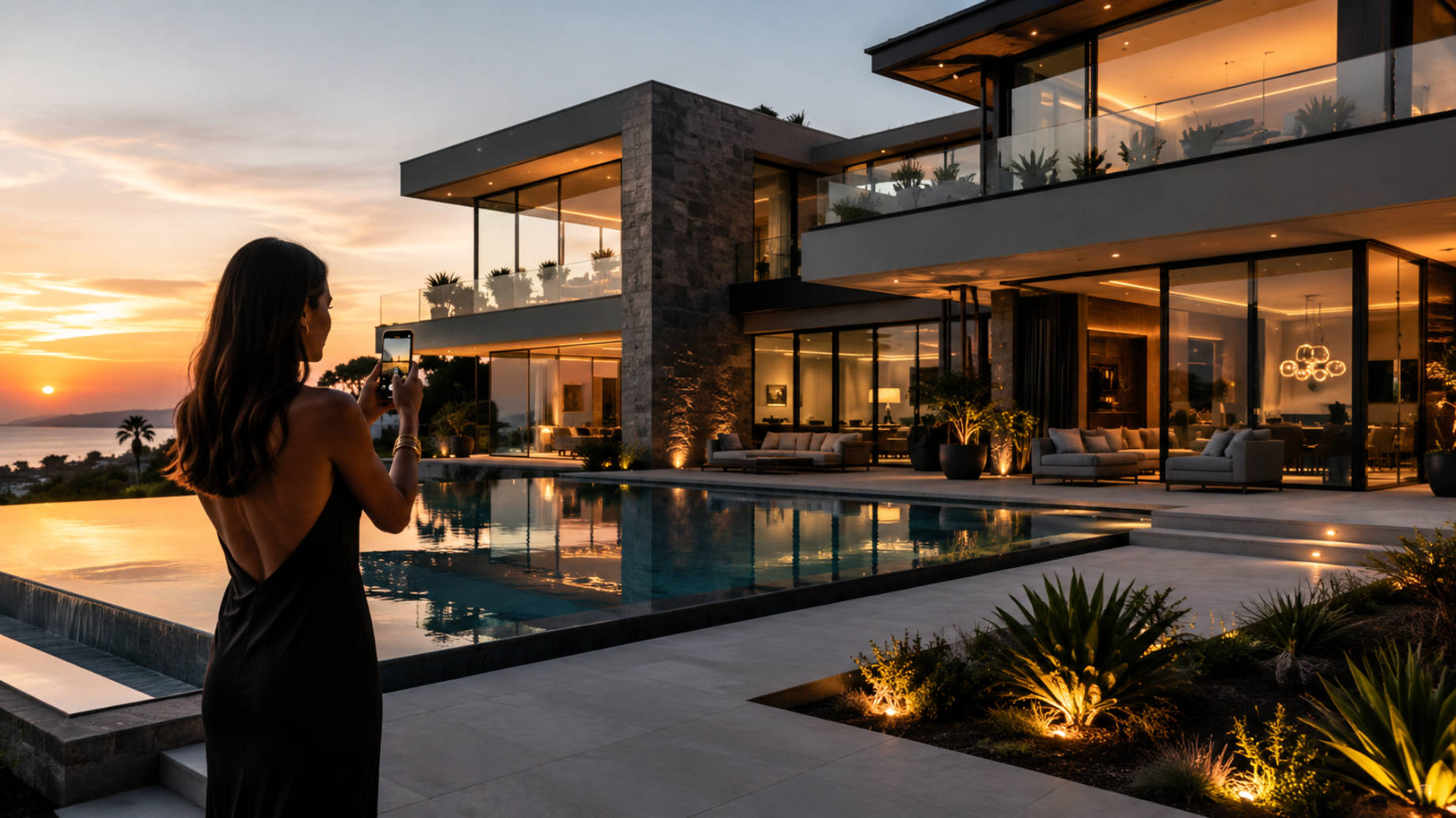Stylish woman filming a modern contemporary luxury home with glass walls, an infinity pool, landscaped terrace, and sunset views.