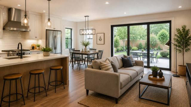 Bright open-plan home interior with a simple modern kitchen, dining area, neutral living room, and sliding glass doors opening to a patio.