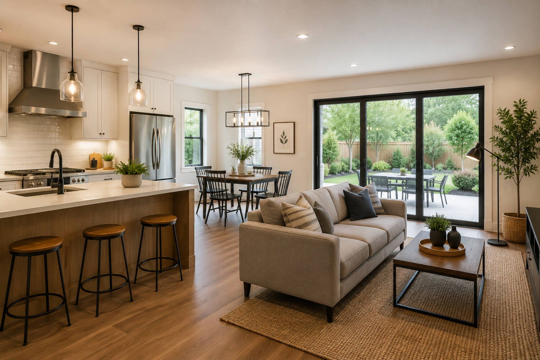 Bright open-plan home interior with a simple modern kitchen, dining area, neutral living room, and sliding glass doors opening to a patio.
