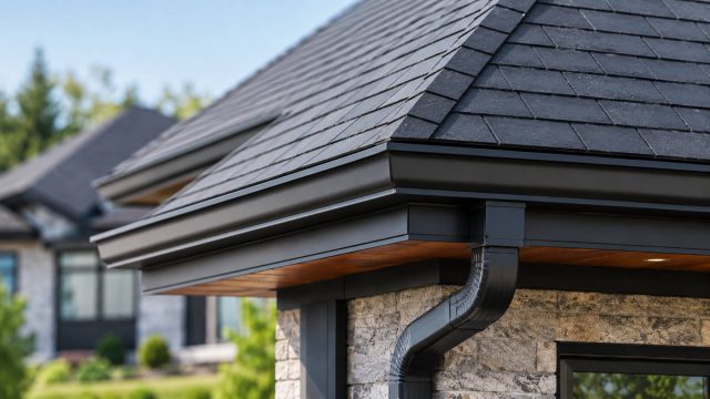 Close-up of a modern luxury home’s slate roof corner with dark metal gutters, stone exterior walls, wood soffit, and soft blurred landscaping in the background.