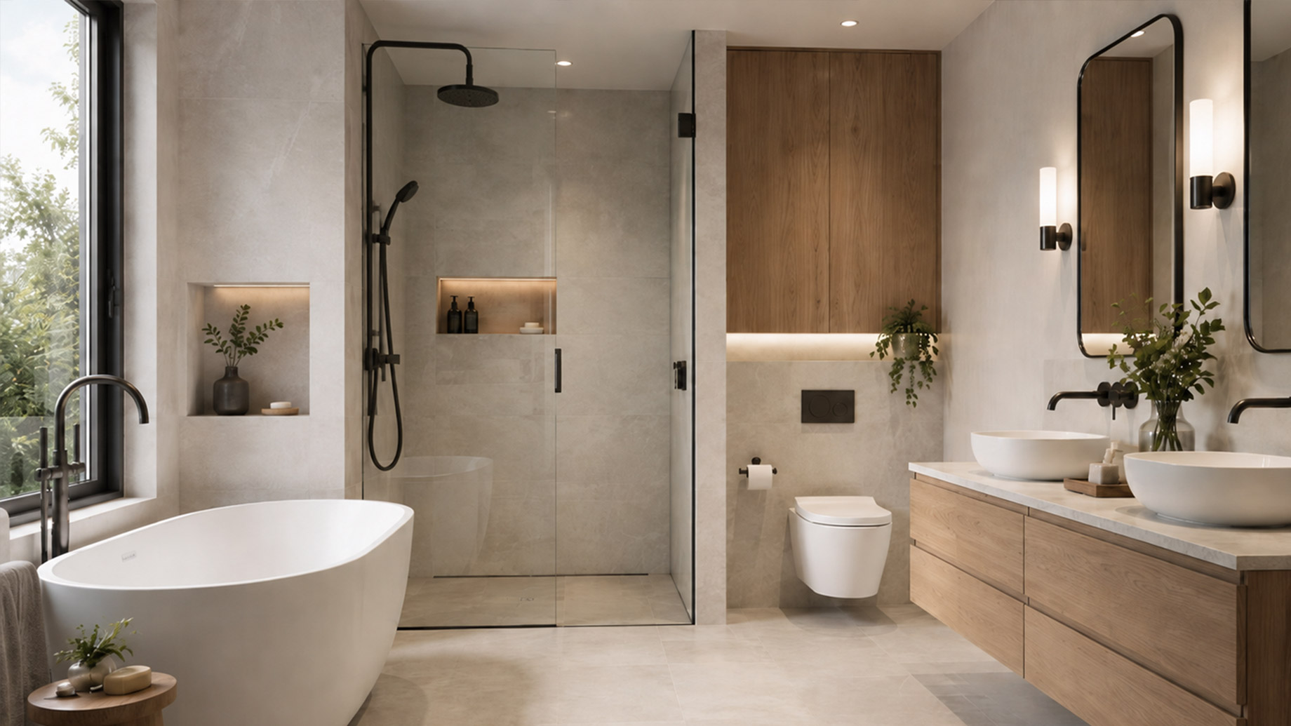 Modern spa-style bathroom with a freestanding bathtub, glass shower, solid black shower pipe, double wood vanity, vessel basins, wall-mounted tapware, and warm integrated lighting.
