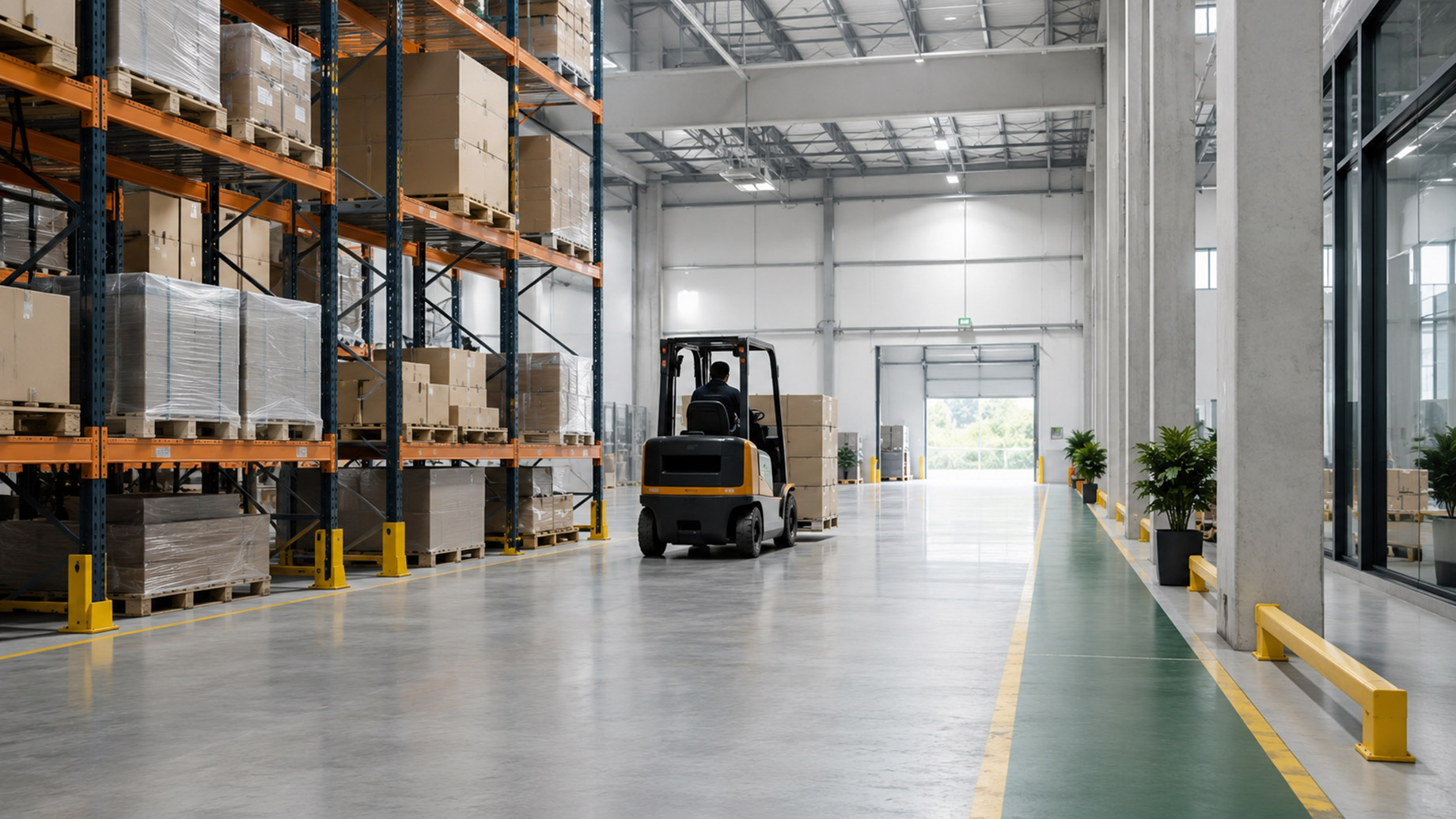 Modern warehouse interior with organized pallet racking, a forklift moving through a wide aisle, clear floor markings, and a separated pedestrian walkway.