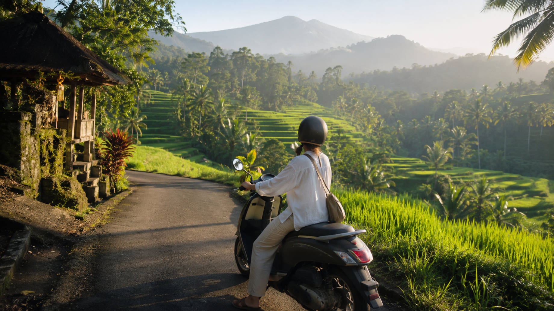 Traveler on a motorbike paused beside a narrow road overlooking lush Bali rice terraces and misty mountains in soft morning light.
