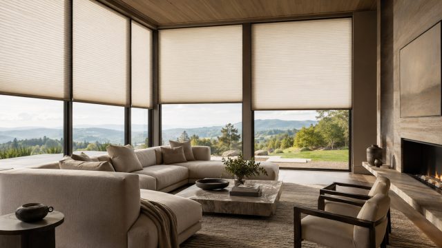 Luxury living room with floor-to-ceiling windows, motorized honeycomb shades, neutral furnishings, fireplace, and scenic mountain views.