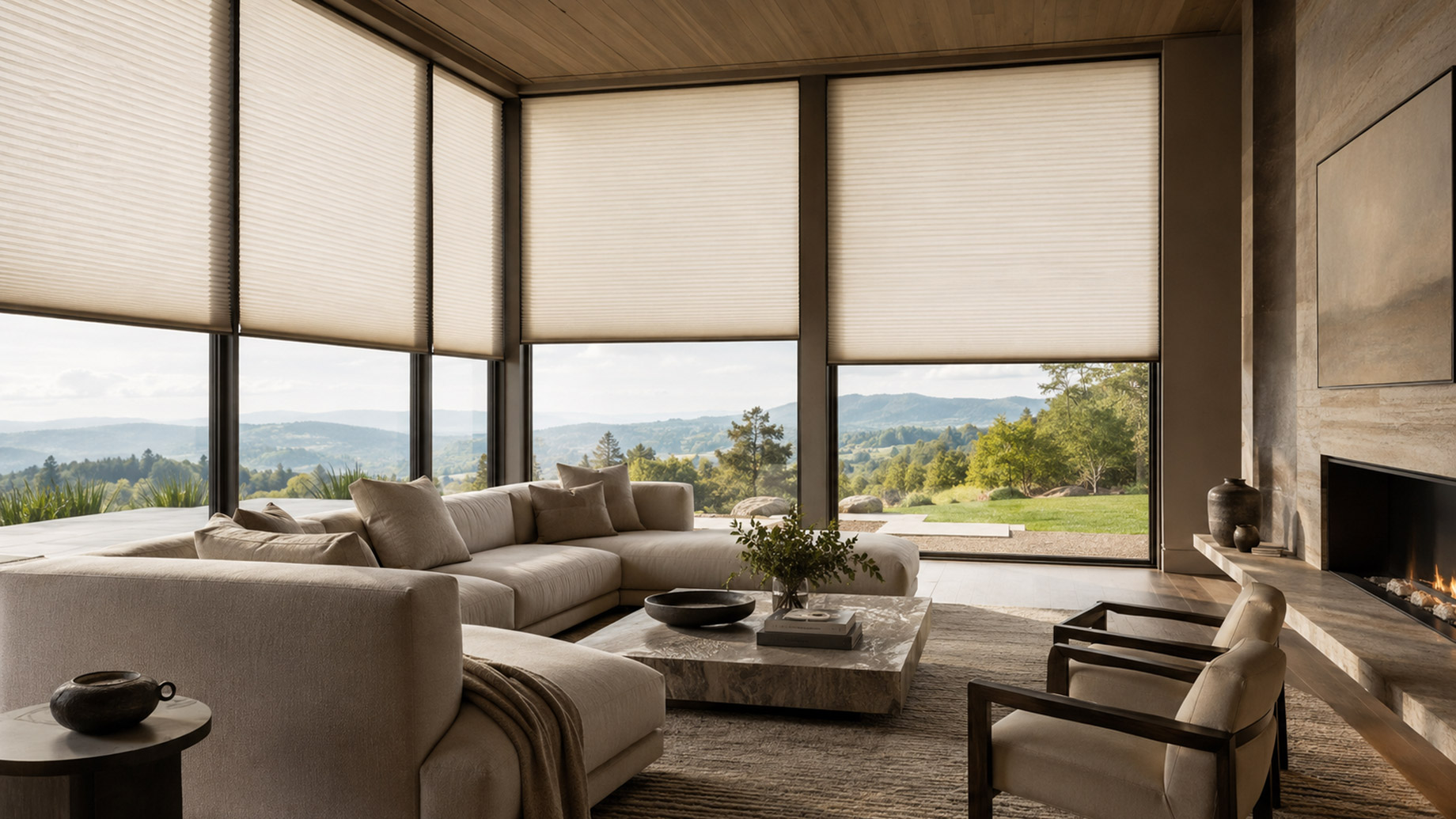 Luxury living room with floor-to-ceiling windows, motorized honeycomb shades, neutral furnishings, fireplace, and scenic mountain views.