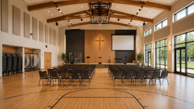 Modern church multipurpose hall with a stage, cross, projection screen, rows of chairs, acoustic panels, and gym flooring for flexible community use.