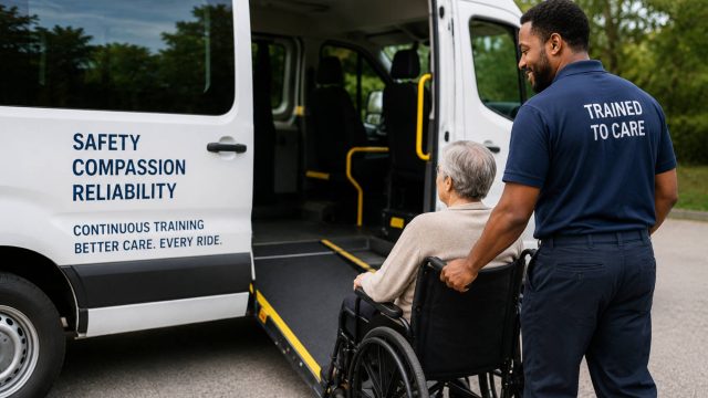 Trained NEMT driver assisting an older wheelchair passenger toward an accessible transportation van.