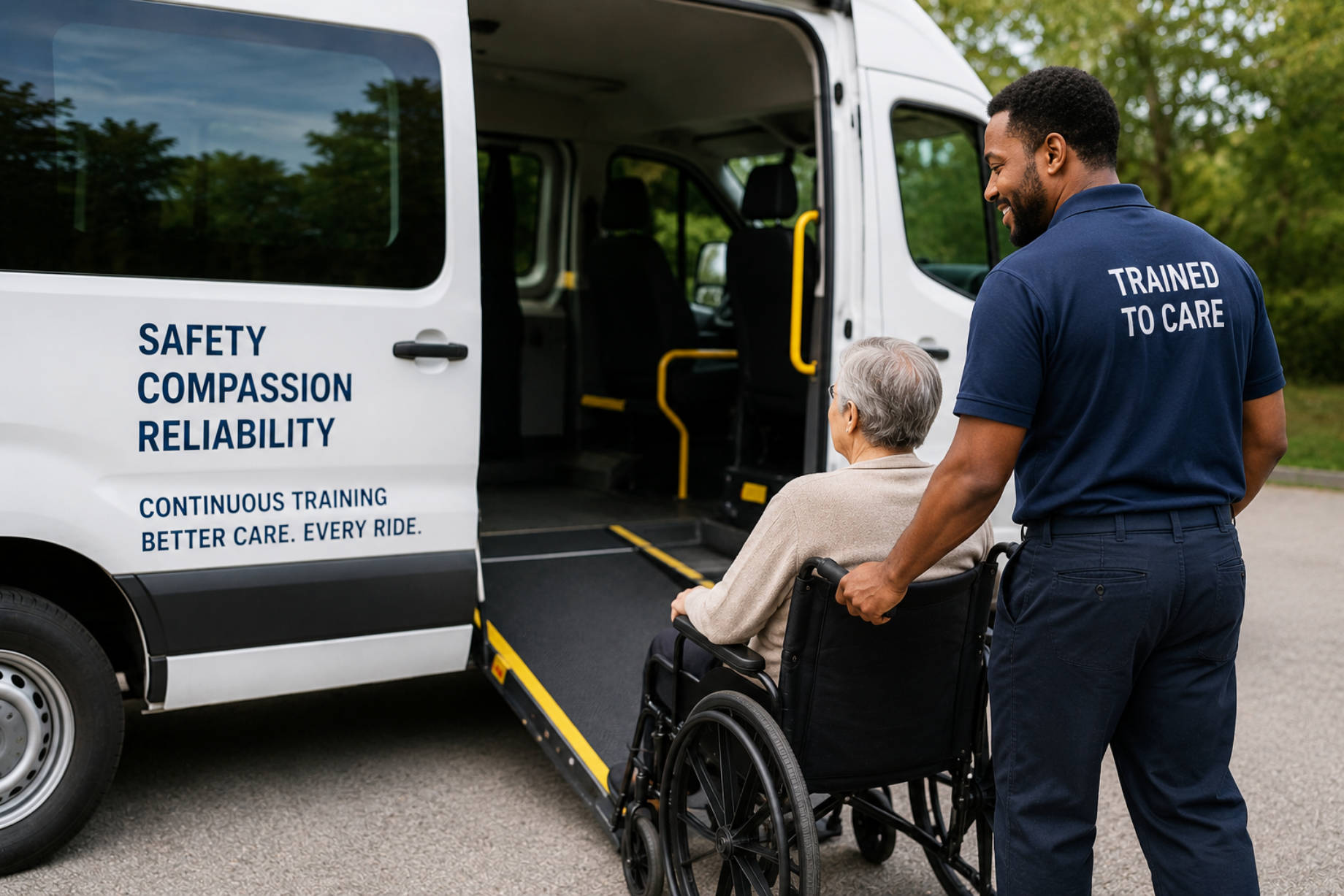 Trained NEMT driver assisting an older wheelchair passenger toward an accessible transportation van.
