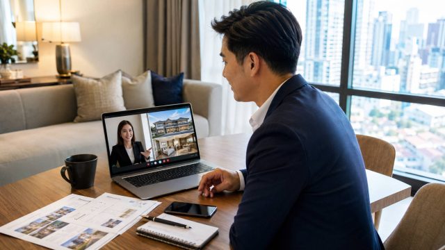 Overseas Filipino professional reviewing Philippine property listings during an online consultation with a real estate agent.