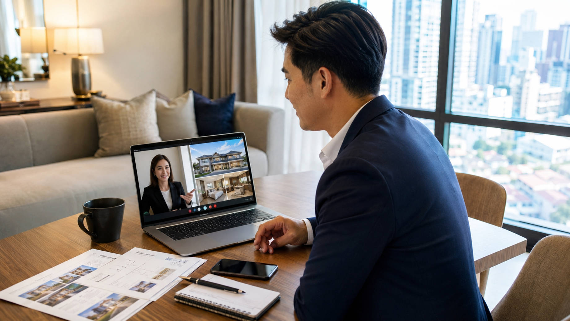 Overseas Filipino professional reviewing Philippine property listings during an online consultation with a real estate agent.