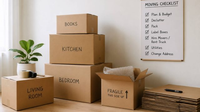 Labeled cardboard moving boxes arranged in a bright room with packing tape, bubble wrap, stacked flat boxes, a potted plant, and a wall checklist.