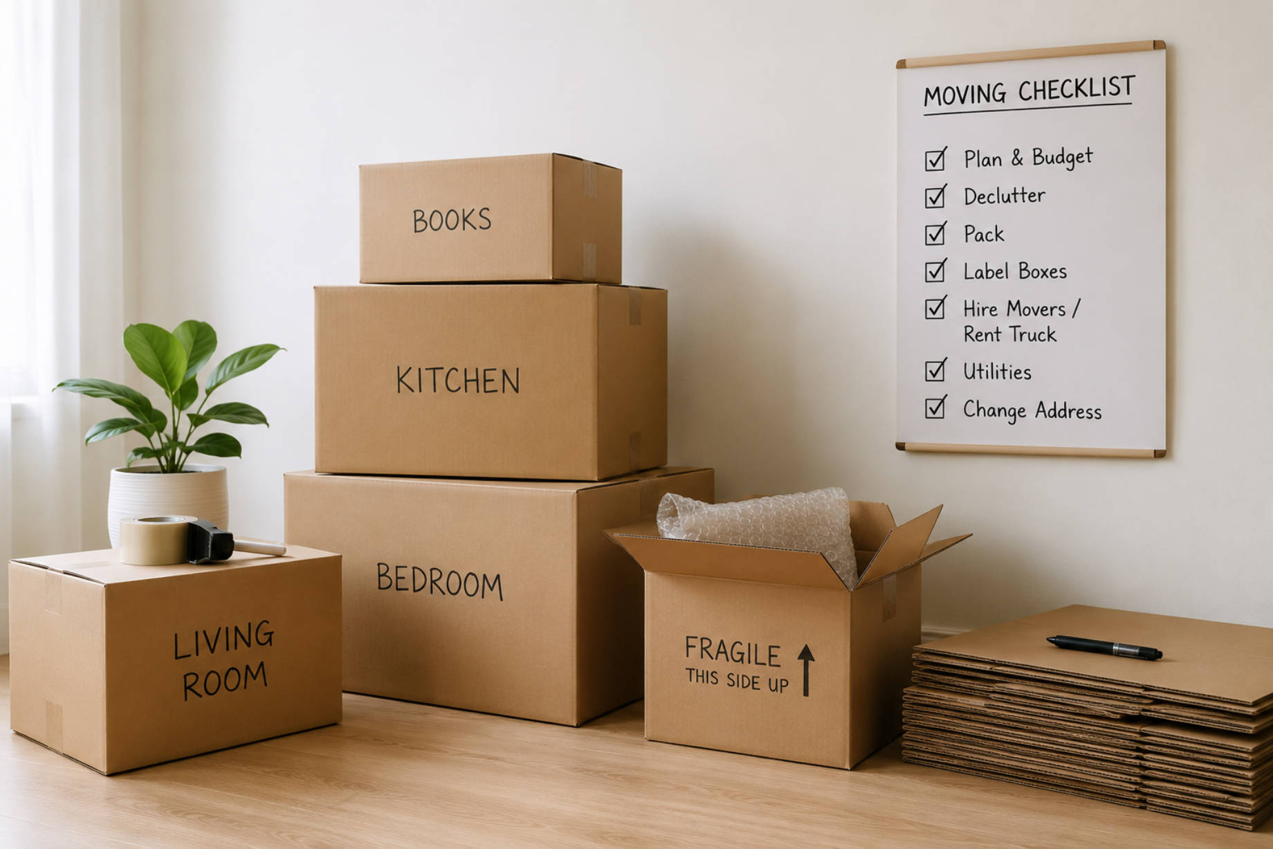 Labeled cardboard moving boxes arranged in a bright room with packing tape, bubble wrap, stacked flat boxes, a potted plant, and a wall checklist.