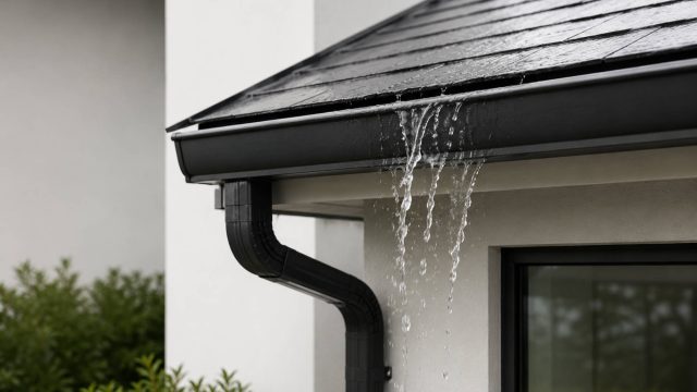 Close-up of a dark metal gutter overflowing with rainwater on a modern home with a white exterior wall and black-framed window.