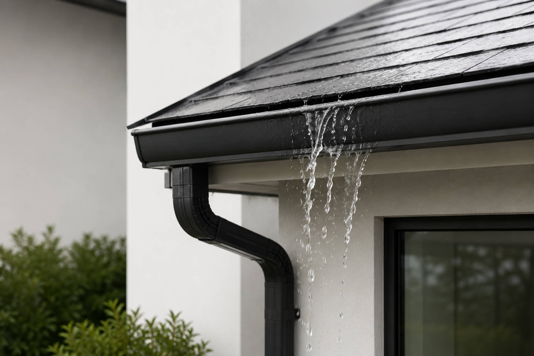 Close-up of a dark metal gutter overflowing with rainwater on a modern home with a white exterior wall and black-framed window.