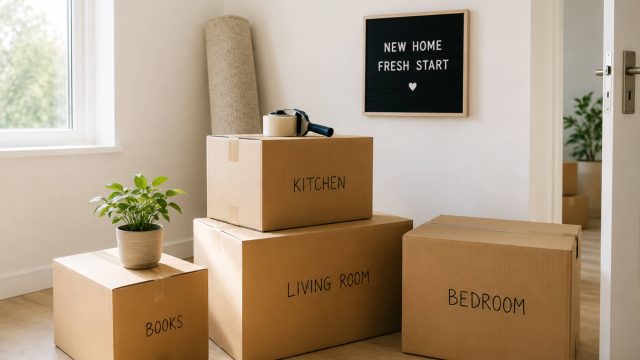 Labelled cardboard moving boxes arranged in a bright, empty room with a potted plant and packing supplies.