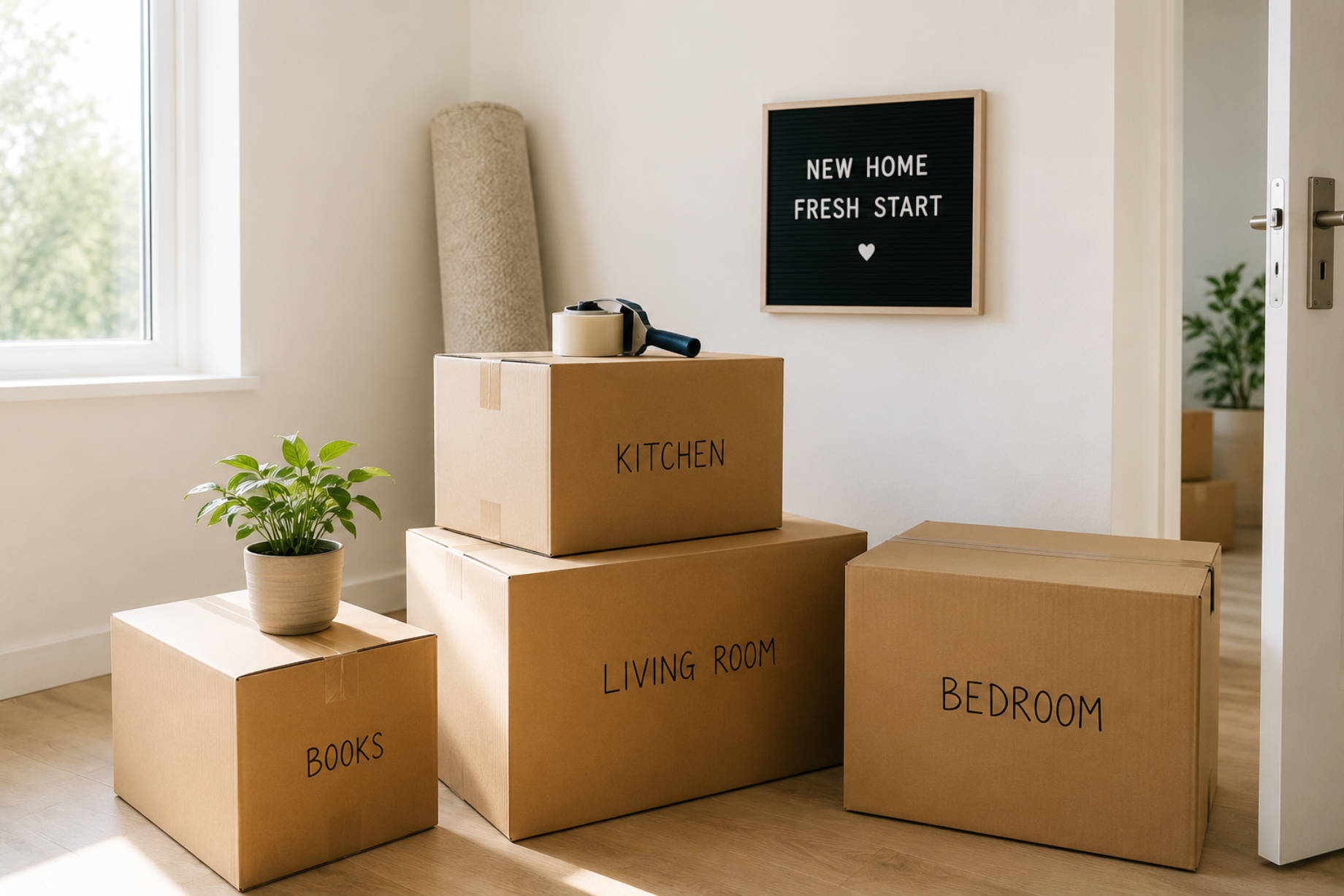 Labelled cardboard moving boxes arranged in a bright, empty room with a potted plant and packing supplies.