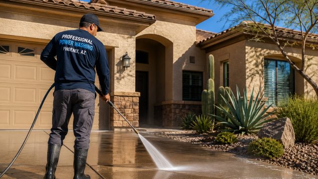 Professional power washing technician cleaning a concrete driveway outside a desert-style Phoenix home with stucco walls, tile roofing, and drought-tolerant landscaping.