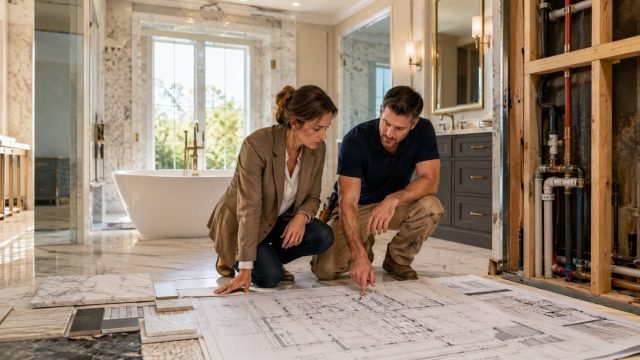 Designer and plumber reviewing construction plans beside exposed plumbing inside a luxury bathroom renovation.